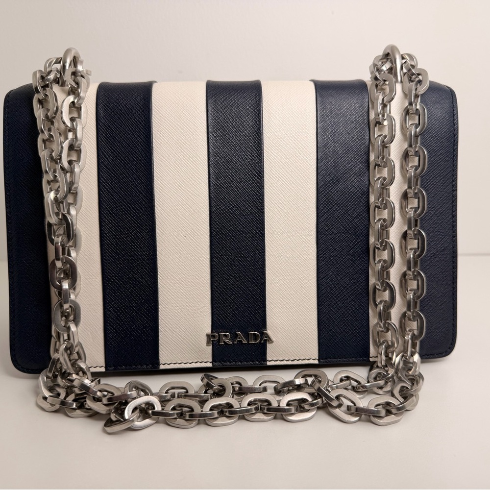 Prada Navy and White Striped Leather Shoulder Bag with Silver Chain